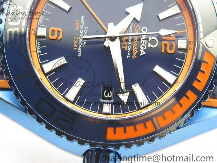 0818 FreshLook Planet Ocean 45mm GMT Blue DLC Black OMF Best Edition Blue Dial On Blue Gummy Strap A 8123